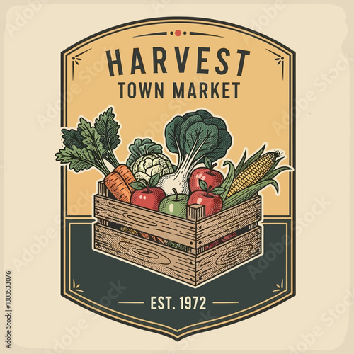 Harvest Town Market Crate of Fresh Vegetables and Fruits Vintage Logo.