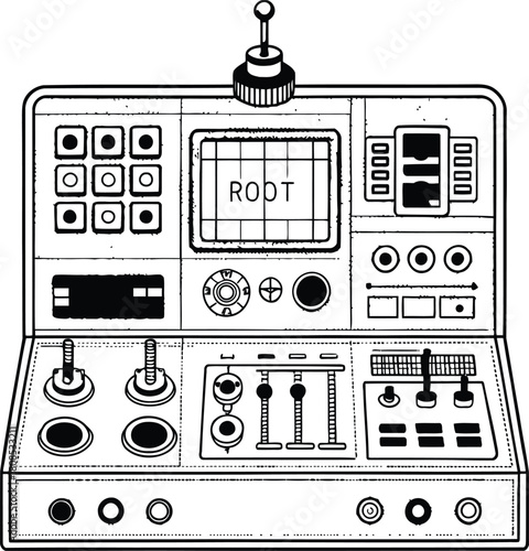 Illustration of a vintage control panel with buttons dials and a screen displaying the word root