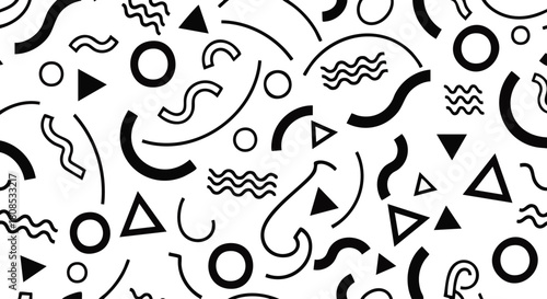 A repeating pattern of black and white geometric shapes scattered across a white background.