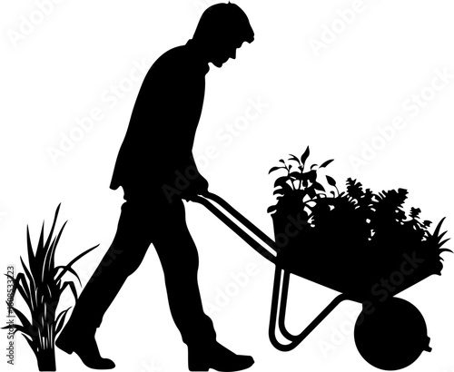 Construction worker pushing a wheelbarrow silhouette