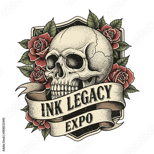 Ink Legacy Expo Skull and Roses Tattoo Art Design.