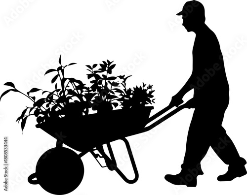 Construction worker pushing a wheelbarrow silhouette