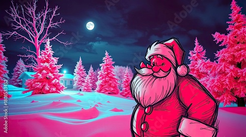 Surreal Infrared Santa Claus Cartoon in Vibrant Hand-Drawn Sketchnote Style