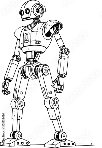 A monochrome illustration of a humanoid robot with articulated joints and a cylindrical head design