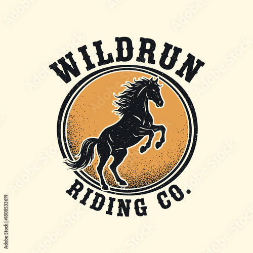 Majestic Black Horse Rearing Up Wild Run Riding Co Emblem.