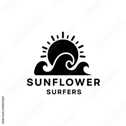 Minimalist surf brand emblem featuring a rising sun over a sea wave.