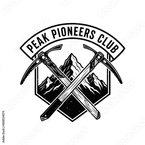 Peak Pioneers Club Emblem with Crossed Ice Axes and Mountain.