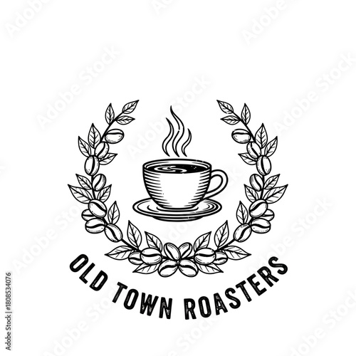 Old Town Roasters coffee cup logo with coffee beans and leaves.