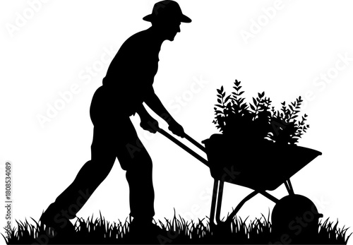 Construction worker pushing a wheelbarrow silhouette
