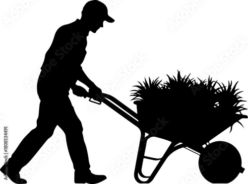 Construction worker pushing a wheelbarrow silhouette