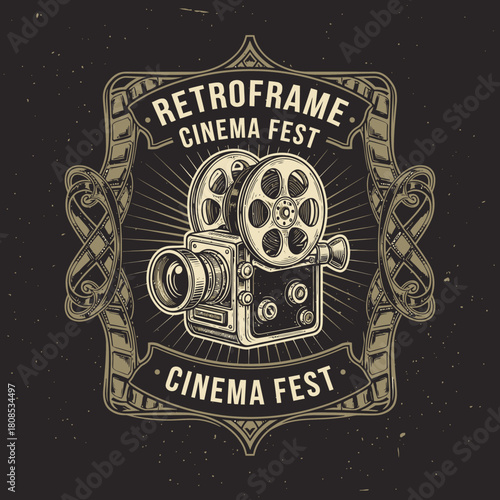 Retroframe Cinema Fest vintage camera emblem design for film festival.