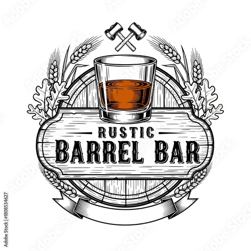 Rustic Barrel Bar Logo with Whiskey Glass and Wheat.