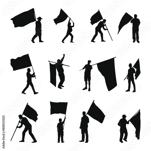 Collection of Silhouetted Figures Holding Waving Flags