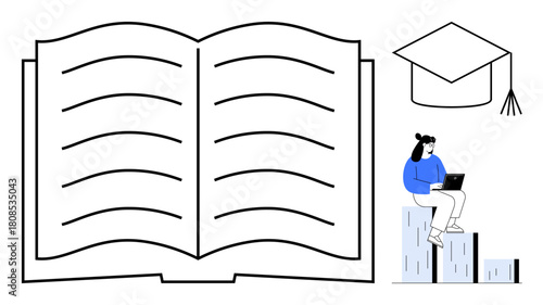 Large open book, graduation cap symbolizing achievement, student engaged with laptop sitting on graph. Ideal for education, learning, growth, achievement, online study, academic success simple flat