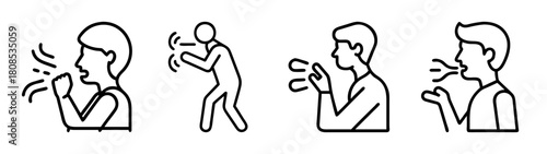 Coughing, sneezing, and spitting sickness prevention icon set
