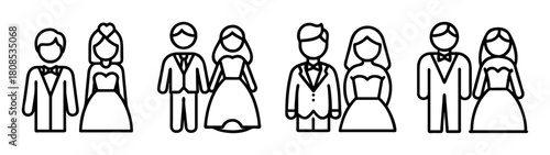Wedding couple line art icons collection for marriage ceremony