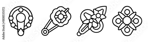 Set of decorative brooches and lapel pins vector line art icons