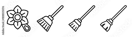Flower and cleaning brooms simple outline icons set for design