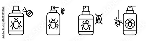Pest control spray bottle line icons set, insect extermination