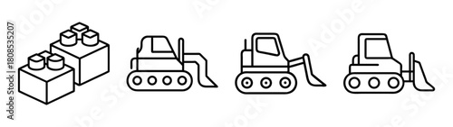 Line art building blocks and construction vehicles icon set.