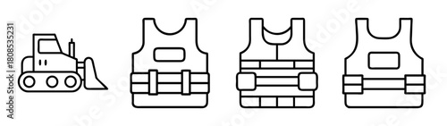 Construction heavy machinery and worker safety gear line icons