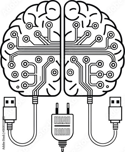 Illustrated brain with circuit board design connected to usb and power plug in black and white