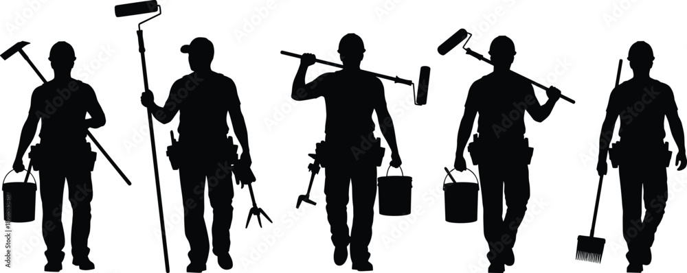 Obraz premium Set of black silhouettes of painters and construction workers holding rollers and buckets, renovation vector illustration, isolated on white background.