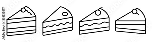 Simple line art illustration of four cake slices with toppings