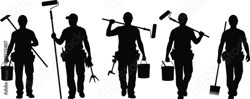 Set of black silhouettes of painters and construction workers holding rollers and buckets, renovation vector illustration, isolated on white background.