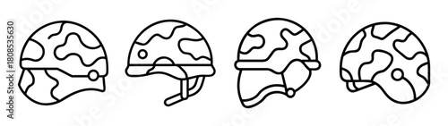 Military helmet outline icons set with camouflage pattern design