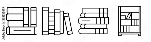 Book and bookshelf line art icons for education and wisdom.