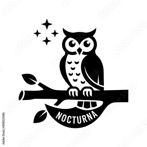 Stylized Owl Perched on a Branch Under Stars.