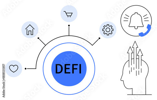 Decentralized finance DEFI concept. DEFI illustrated with network icons thumbs up home, shopping cart, and gear, emphasizing decentralized solutions. DEFI for blockchain, fintech, innovation