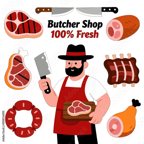 Butcher Shop Illustration with Fresh Meats and Tools