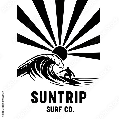 Surfer riding a massive wave under a stylized sunburst.