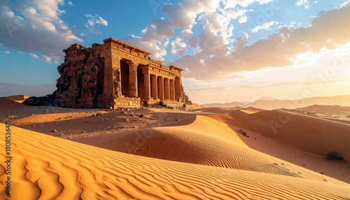 Fototapeta Naklejka Na Ścianę i Meble -  An ancient stone temple, partially ruined, is situated on a rocky outcrop surrounded by vast desert sand dunes.