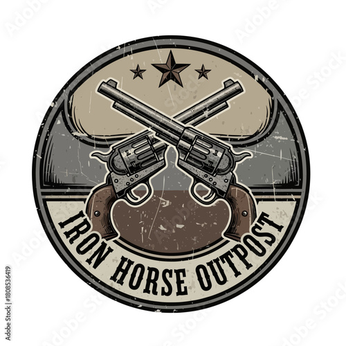 Two Crossed Revolver Pistols Emblem with Iron Horse Outpost Text.
