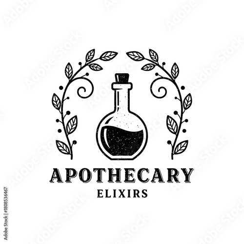 Vintage Apothecary Elixir Bottle with Botanical Wreath.