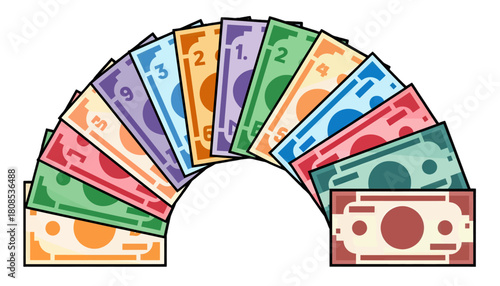 Colorful Fan of Play Money Notes in Multiple Denominations