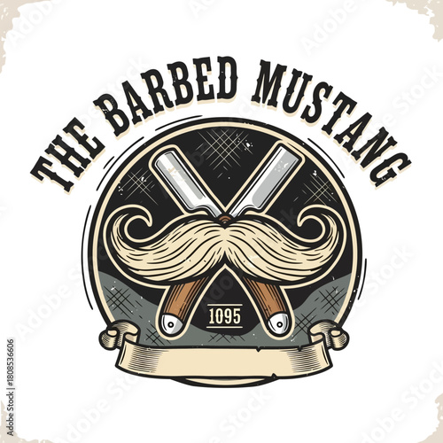 Vintage Barbershop Logo with Moustache and Straight Razors.