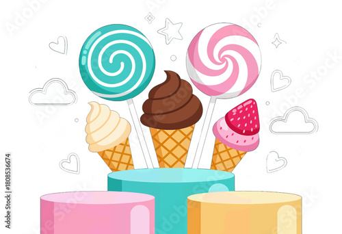 Colorful Ice Cream Cones and Lollipops on Pedestals