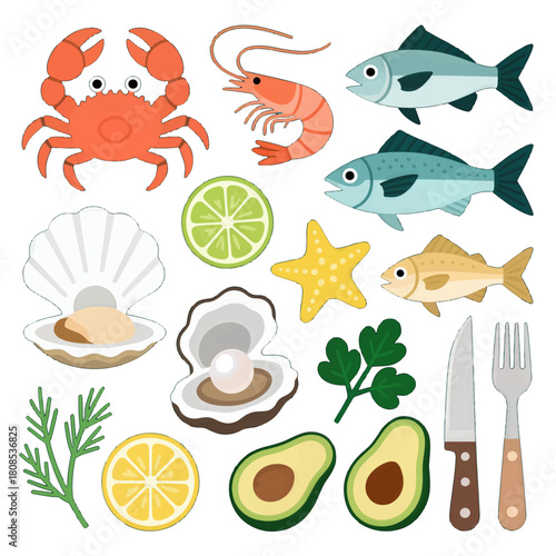 Colorful Seafood and Ingredients Set with Cutlery