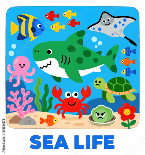 Colorful Sea Life Illustration with Marine Creatures