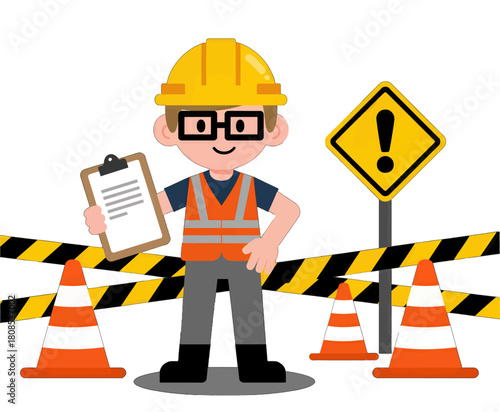 Construction Worker with Safety Gear and Warning Signs