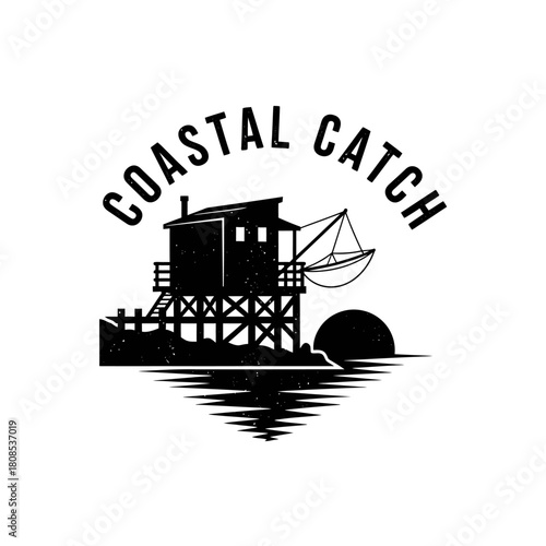Vintage Coastal Catch fishing shack logo illustration.