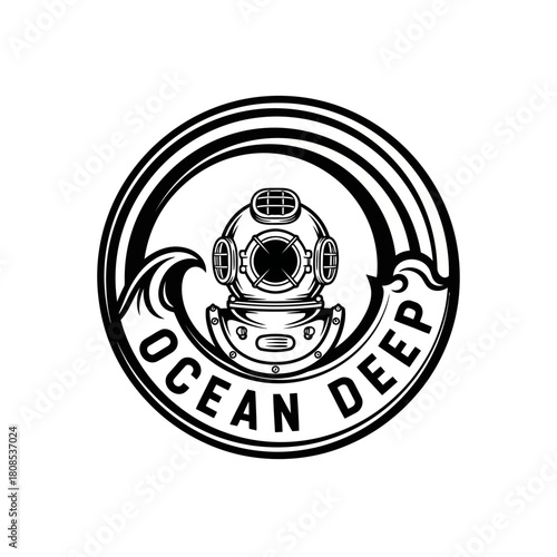 Vintage deep sea diving helmet in a circular wave emblem.