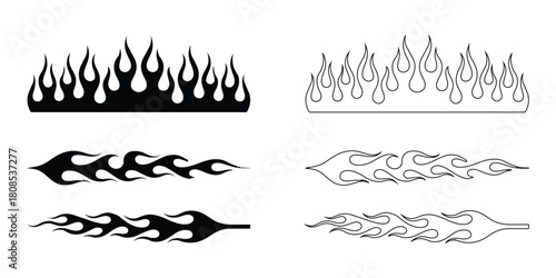 Set of four flame designs, two with solid fill and two in outline form, perfect for adding a fiery touch to your designs isolated on