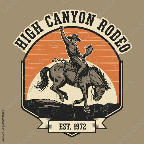 Vintage High Canyon Rodeo Cowboy Riding Bucking Horse Illustration.