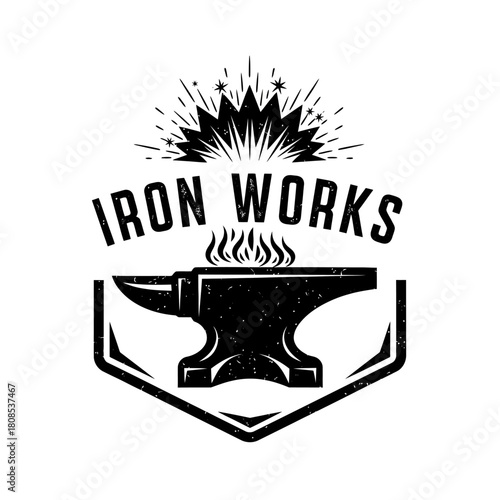 Vintage Iron Works Logo with Anvil and Sparks.
