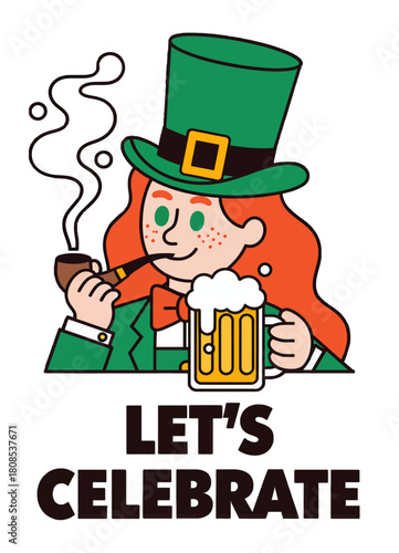 Festive Leprechaun with Beer and Pipe Celebrating